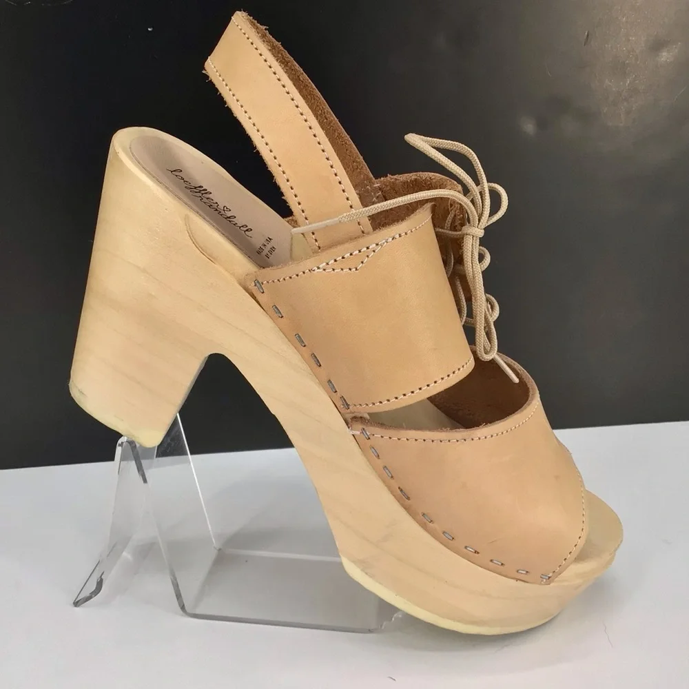 Loeffler Randall Beige Leather Open Toe Block Heel Clog Sandals Size 39 US 8.5